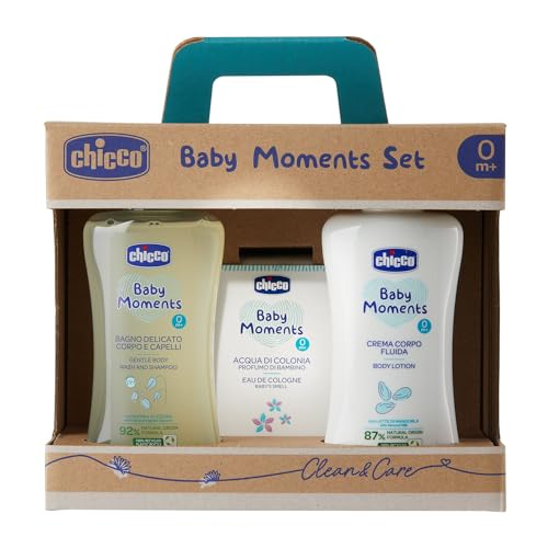 Chicco Baby Moments Set con Bagno Corpo da 200 ml, Crema Corpo 200 ml, Acqua di Colonia 100 ml, Idea Regalo, 0 Mesi +