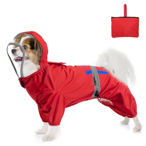 SlowTon Impermeabile per cani, giacca antipioggia per cani con cappuccio e tasca portaoggetti - poncho regolabile per cani con strisce riflettenti per cani cuccioli di taglia media e grande